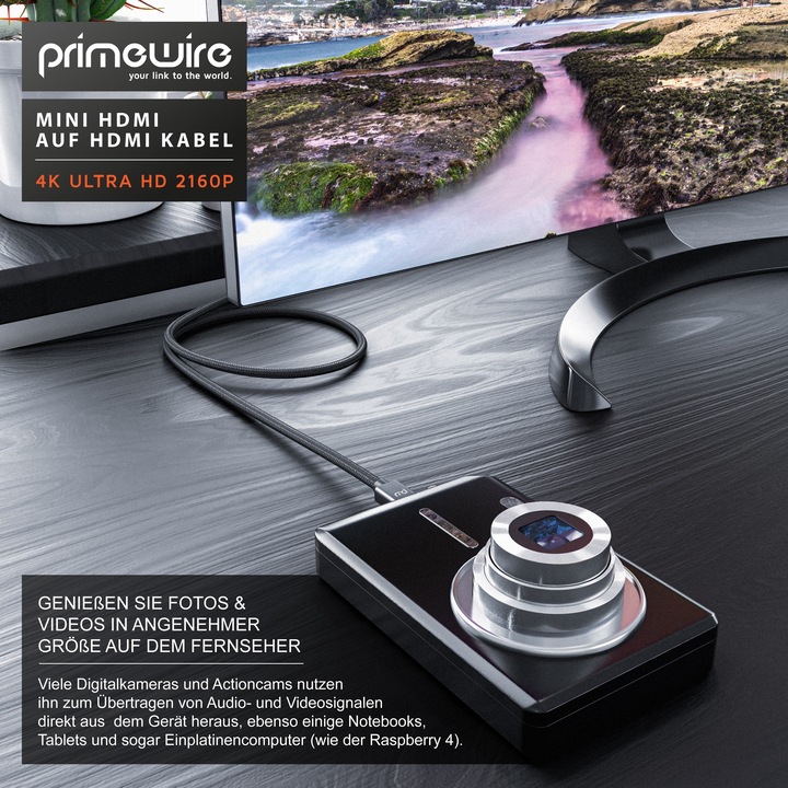 Produktbild Primewire Mini HDMI auf HDMI Kabel, Typ C auf Typ A, 4K miniHDMI Adapterkabel 3840 x 2160 @ 60 Hz, HDR, ARC (5 m, HDMI)