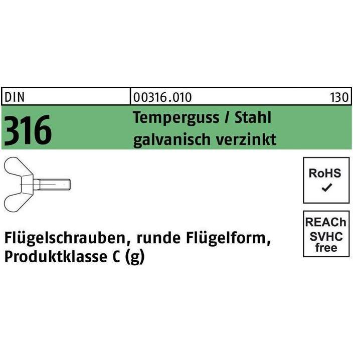 Schrauben, Flügelschraube DIN 316 M 6 x 30 Temperguss/Stahl galvanisch verzinkt (100 Schrauben pro Stück)