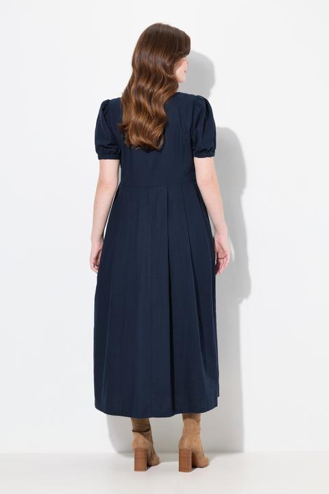 Image du produit Ulla Popken Robe maxi en lin mélangé, décolleté rond et manches courtes, empiècements smokés (50, 52)