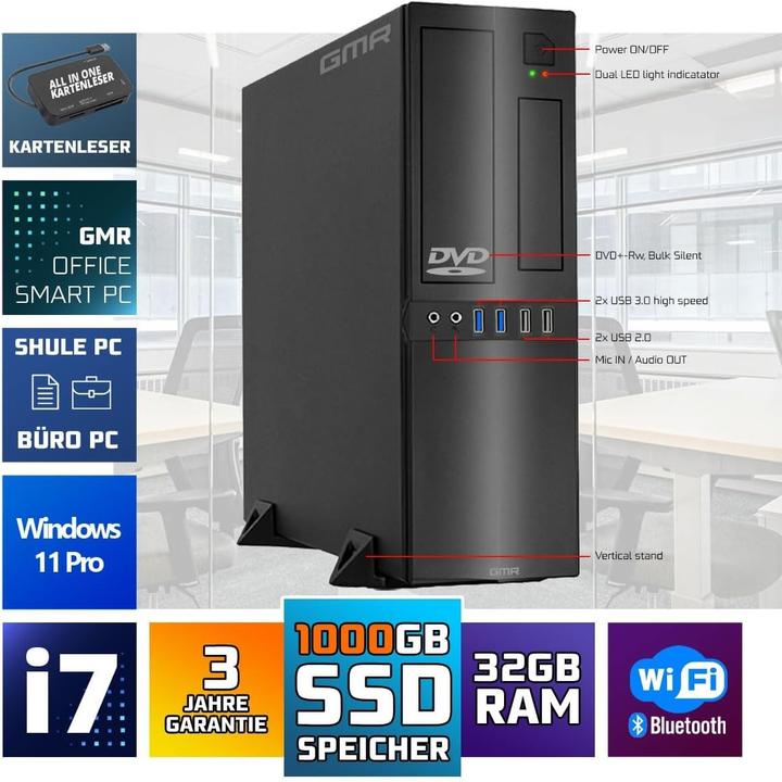 Productafbeelding GMR Ultra Slim Office PC mit i7-Prozessor, 32 GB RAM, 1000 GB SSD, Windows 11 Prof (1000 GB, 32 GB)