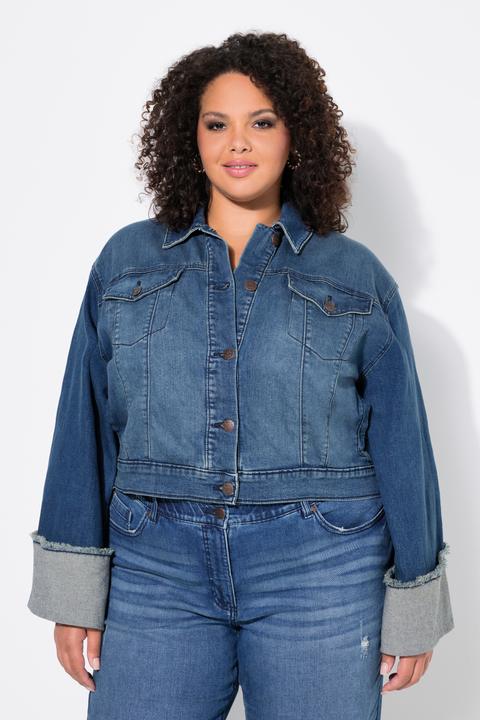 Immagine prodotto Ulla Popken Giacca di jeans con frange, collo da camicia e ampio risvolto sulle maniche (56)