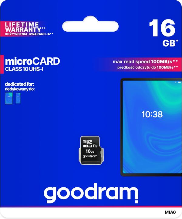 Immagine prodotto Goodram M1A0-0160R12 - 16 GB - MicroSDHC - Classe 10 - UHS-I - 100 MB/s - 10 MB/s (16 GB, microSDHC, U1, UHS-I)