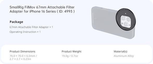 Actual product image SmallRig 4993 FilMov 67mm Attachable Filter Adapter for iPhone 16 Series Cases