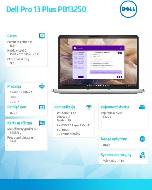 Produktbild Dell Laptop Pro 13 Plus PB13250 W11P U7 (Eng. Int.)