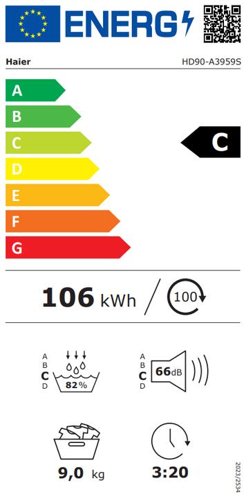 Energie-Label Haier HD90-A3939E-EN Freistehender Wäschetrockner Frontlader 9 kg A++ Weiss (9 kg, Rechts)