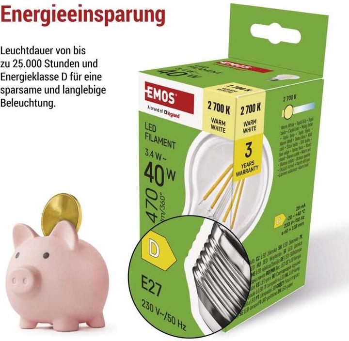 Produktbild Emos LED Lampe Filament A60 / E27 / 3,4 W (40 W) / 470 lm / Warmweiss (E27, 3.40 W, 470 lm, 1 x, D)