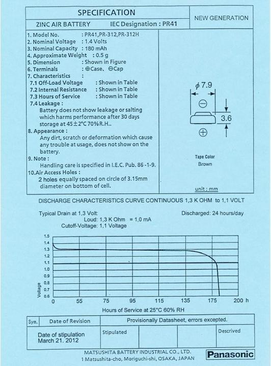 Produktbild Panasonic Hörgerätebatterien PR312 (6 Stk., 180 mAh)