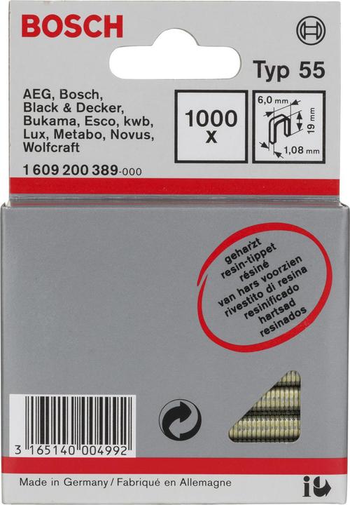 Produktbild Bosch Professional Zubehör Schmalrückenklammer Typ 55, geharzt 6 x 1,08 x 19 mm, 1000er-Pack