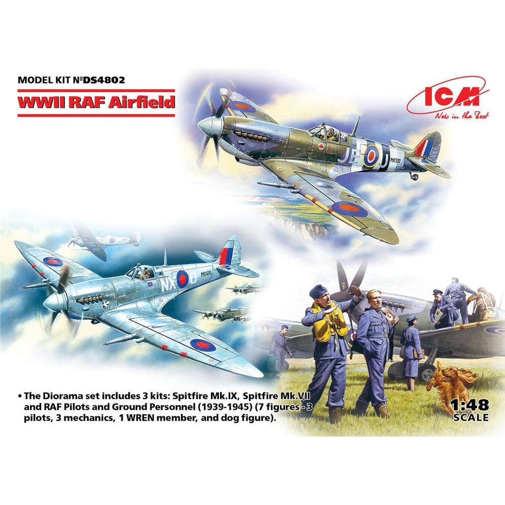 ICM WWII RAF Airfield (Spitfire Mk.IX,Spitfire MkVII,RAF Pilots a Ground Pers(7 fig