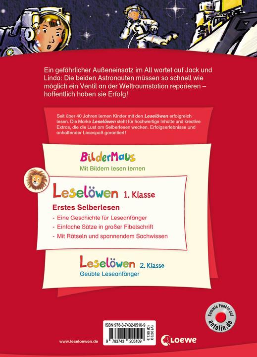Actual product image Leselöwen 1. Klasse - Alarm auf der Weltraumstation (German, Alexander Bux, Annette new farmer, Loewe first readers, 2020)