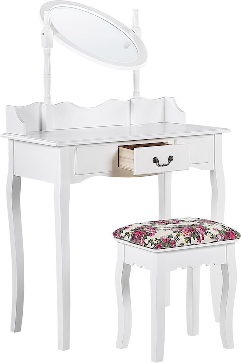 Produktbild Beliani Schminktisch mit ovalem Spiegel Hocker 1 Schublade weiss SOLEIL (39 x 30 x 47 cm)