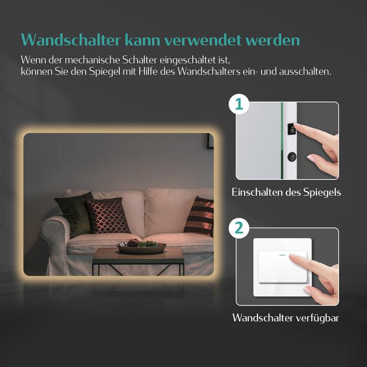 Produktbild Emke Badezimmerspiegel mit Beleuchtung 60*45cm,Beschlagfrei, 3000K/6500K,Tast Schalter (60 x 45 cm)