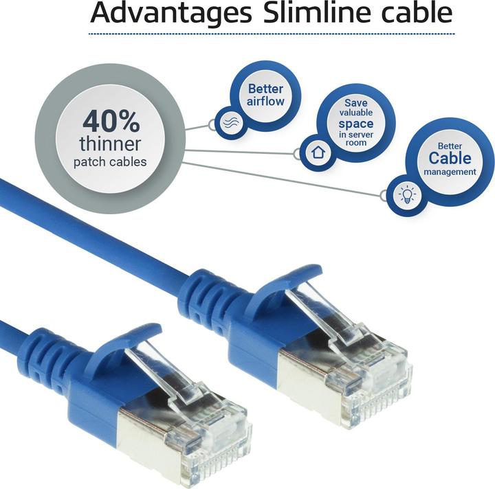 Produktbild ACT Blue 3 meter LSZH U/FTP CAT6A datacenter slimline patch cable snagless with RJ45 connectors (U/FTP, CAT6a, 3 m)