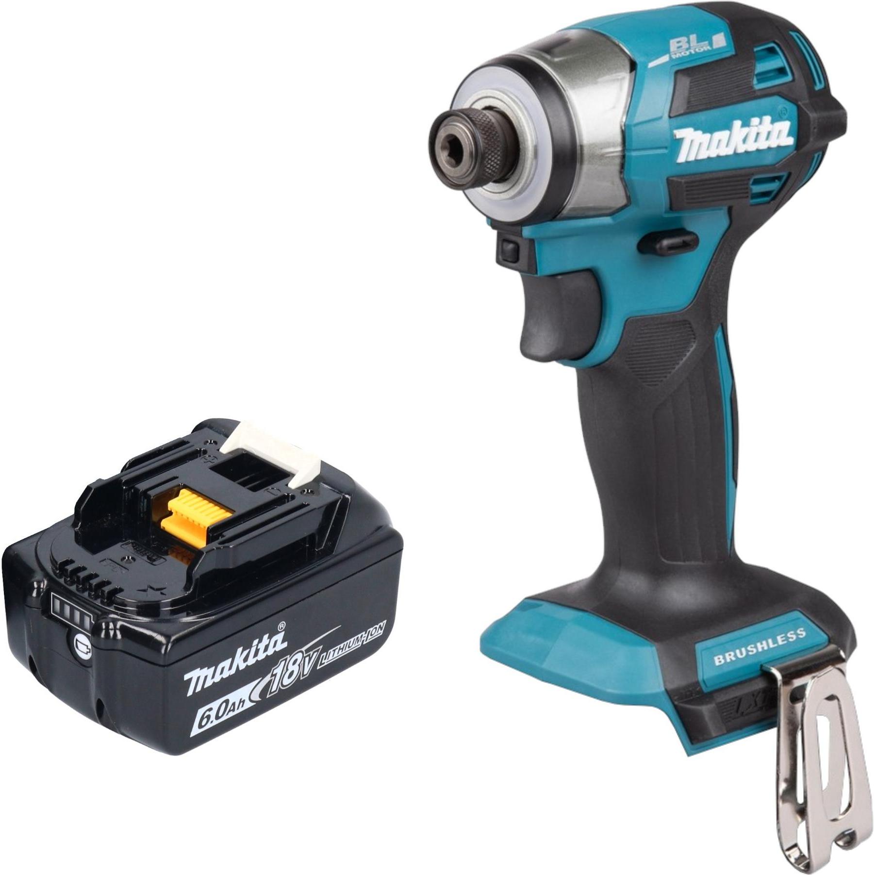 Makita, Bohrmaschine + Akkuschrauber, DTD 173 G1 Akku Schlagschrauber 18 V 180 Nm 1/4“ Brushless + 1x Akku 6,0 Ah - ohne...