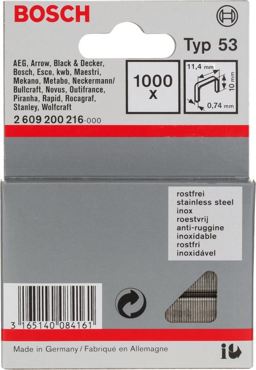 Produktbild Bosch Professional Zubehör Feindrahtklammer Typ 53, 11,4 x 0,74 x 10 mm, 1000er-Pack, rostfrei