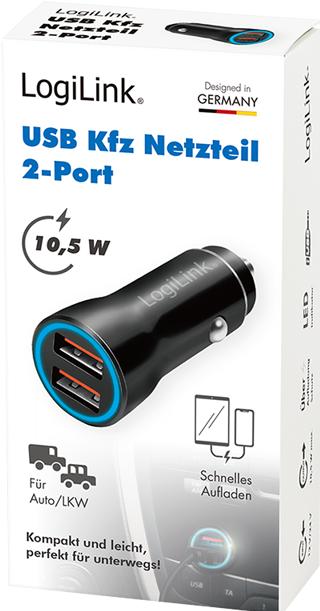 Immagine prodotto LogiLink Alimentatore USB per auto, 2x USB-A, 10,5 W, nero