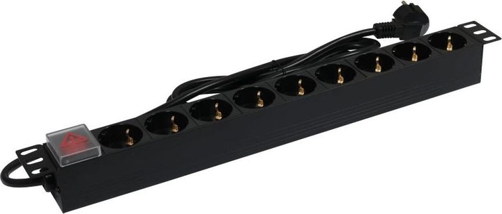 Produktbild Synergy 21 ALLNET 19"zbh. Steckdosenleiste, 9xDosen(CEE7)->Stecker(CEE7), Schalter, Schwarz (9 x, CEE7, 2 m)