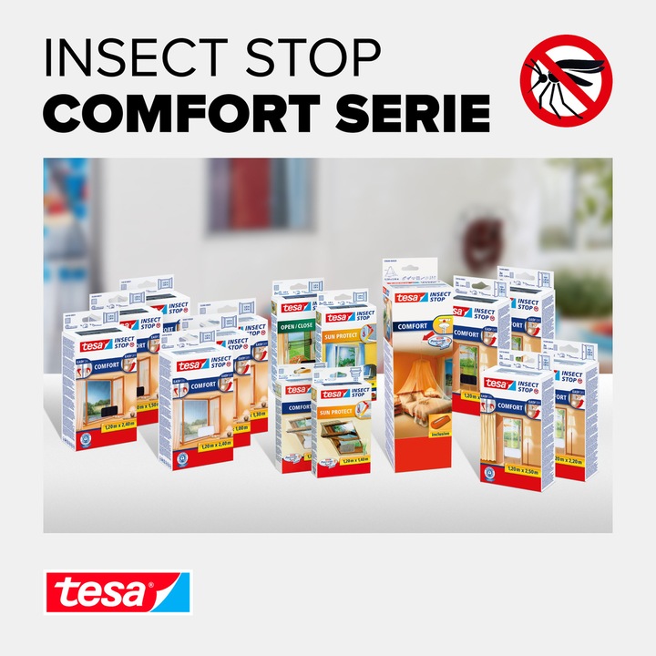 Produktbild tesa 2x Insektenschutz COMFORT für Fenster, mit Klettband, selbstklebend, ohne Bohren (130 x 150 cm)