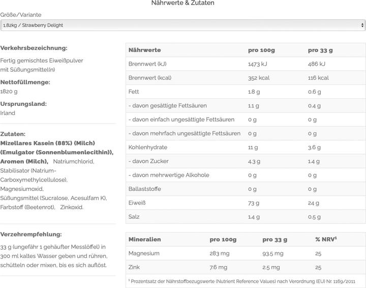 Nährwerte und Zutaten Optimum Nutrition Gold Standard 100% Casein (Strawberry Delight, 1 Stk., 1820 g)