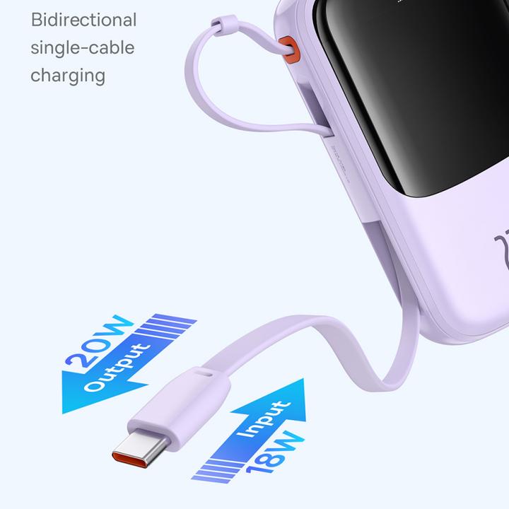 Actual product image Baseus Qpow Pro+ 10000mAh 22.5W powerbank with integrated USB-C cable and display - Purple (10000 mAh, 22.50 W)