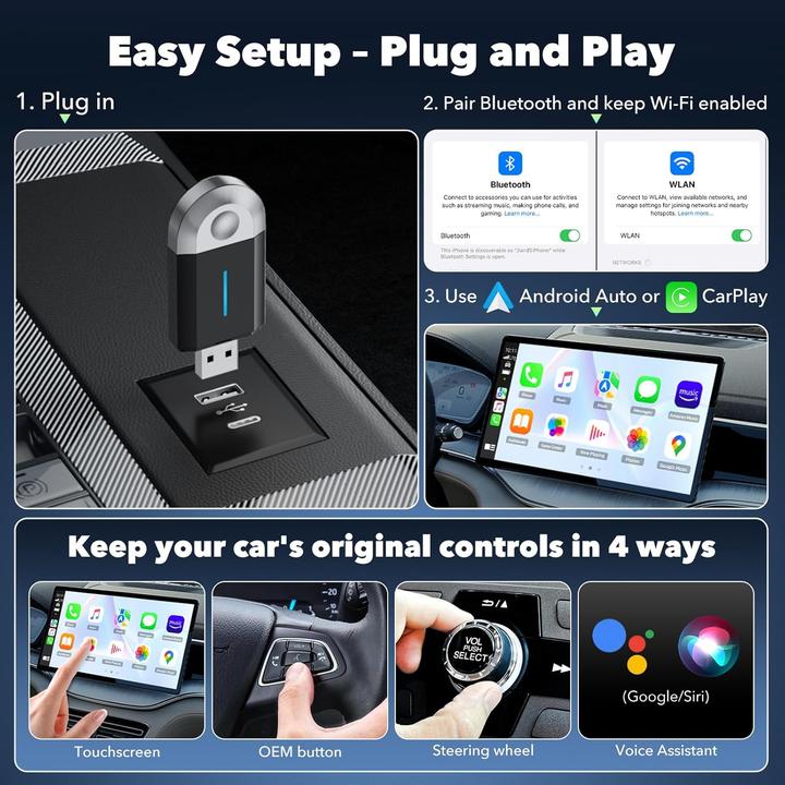 Image du produit Lamtto 2-in-1 Wireless CarPlay & Android Auto Adapter