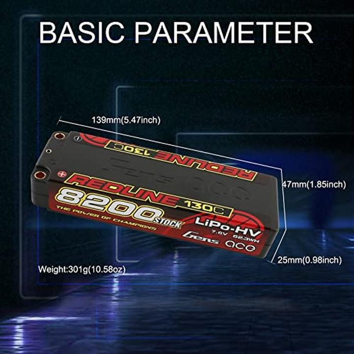 Actual product image Gens Ace RC Battery LiHV 8200 mAh 7.6 V 130C 2S1P Redline Series (7.60 V, 8200 mAh)