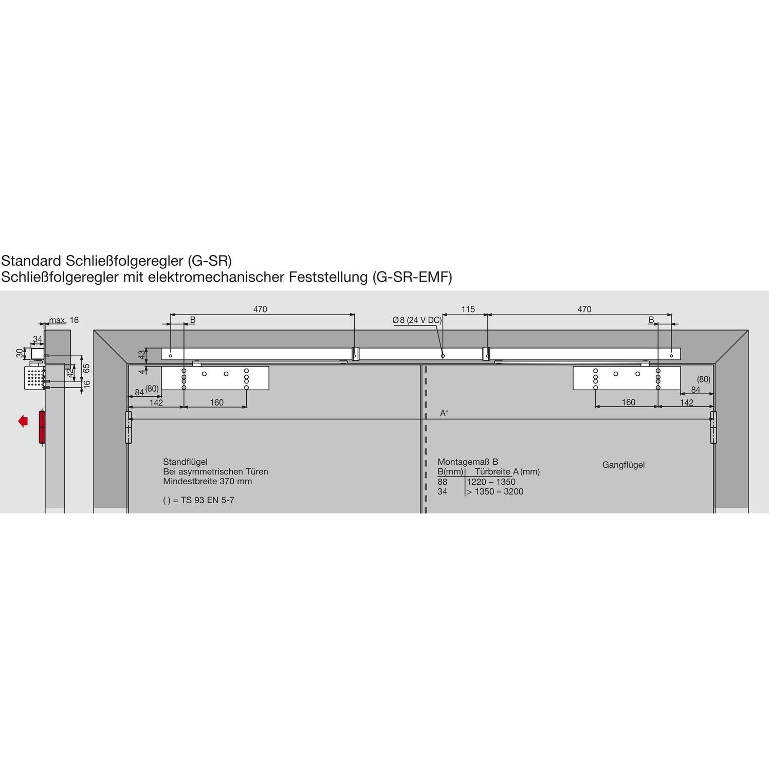 Dormakaba, Türöffner + Türschliesser, Türschliesser TS 93B GSR-V Grösse EN 2-5, 2 Flügel mit Gleitschiene, silber