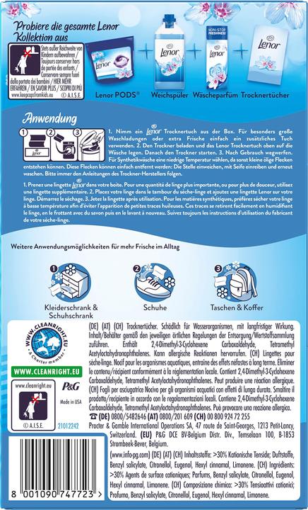 Valeurs nutritives et ingrédients Lenor Fraîcheur D'Avril (34 Cycles de lavage, Lingettes)