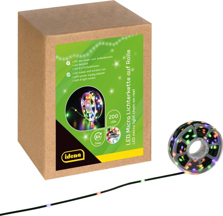Produktbild Idena Micro-Lichterkette 200 LED farbig Gesamtlänge 22,9m auf Rolle 8h Timer 8 Lichtmodi Innen/Aussen (22.90 m)