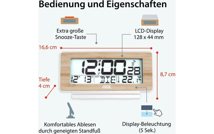 Image du produit ADE radiopiloté(e) Réveil blanc, bois
