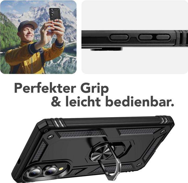 Produktbild Nalia RingDefend - Schwarze Panzerhülle mit 360-Grad Finger-Halter & Ständer - Military Style Cover (Samsung Galaxy S25 Edge)