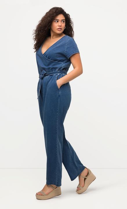 Image du produit Ulla Popken Combinaison en jean à jambes larges, col en V et manches courtes (54)