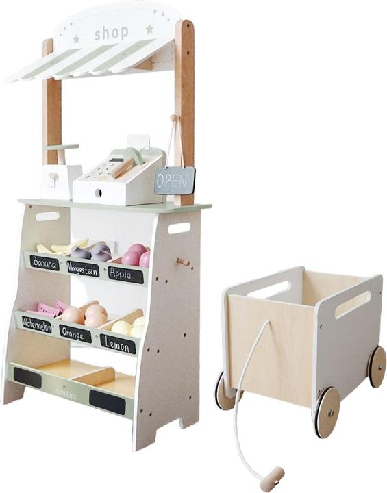Hermex Holz-Kaufladen mit Zubehör Kinder-Verkaufsstand Früchte- und Obststand