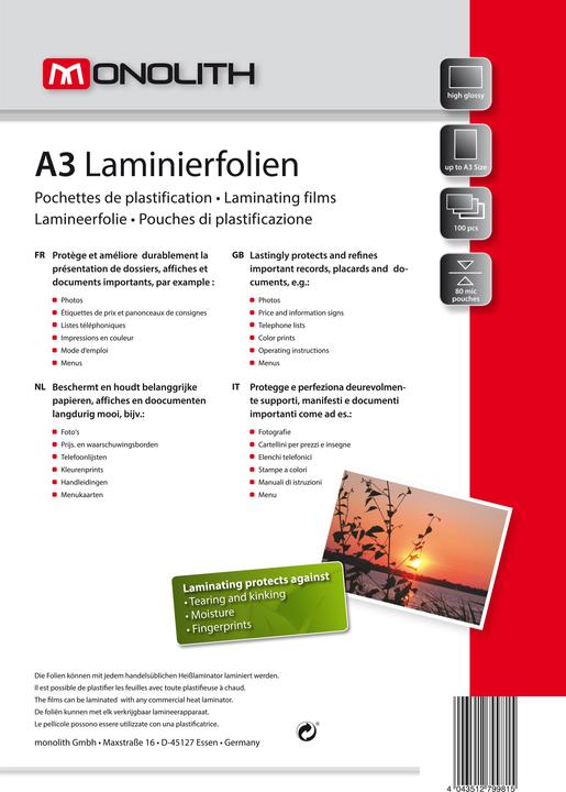 Actual product image Monolith Laminating films A3 100s 80µ high gloss (A3, 100 pcs., 80 µm)
