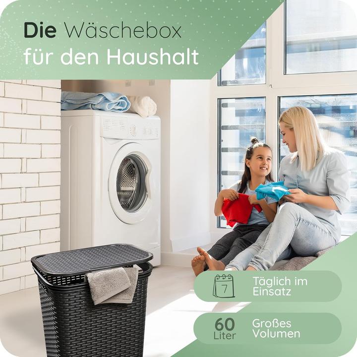 Actual product image Novaliv 3 Stück Rattan Wäschekorb mit Deckel 60L Schwarz, Wäschebox Set Wäscheeimer Wäschebehälter m (60 l)