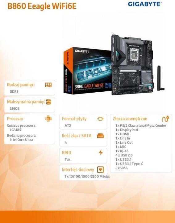 Produktbild Gigabyte MB GBT Intel 1851 B860 EAGLE WIFI6E (Socket S1, Intel B860, ATX)