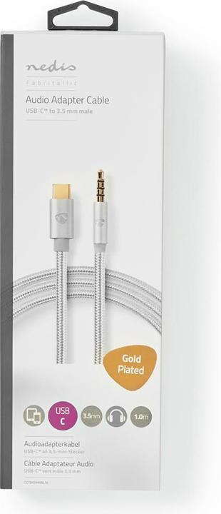 Productafbeelding Nedis USB-adapter USB 2.0 USB-C stekker 3,5 mm 1,00 m rond Verguld Gevlochten/Nylon Aluminium (1 m, USB 2.0)