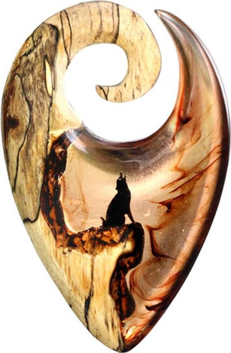 Actual product image Star Piercing Ohrgewicht Spirale Tropenwolf auf Berg Epoxy orange aus Tamarind Holz (without brass, Organic)