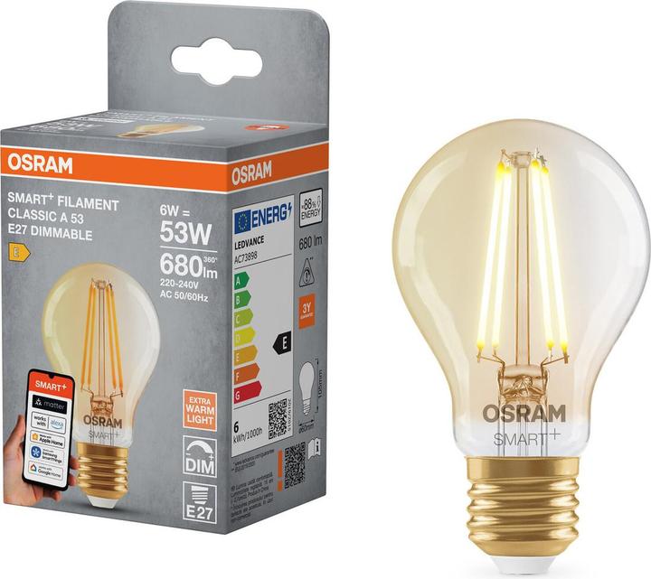 Produktbild Osram SMART+ MATTER Classic A53 6W 824 FILAMENT GOLD DIM E27 (E27, 680 lm, 1x)