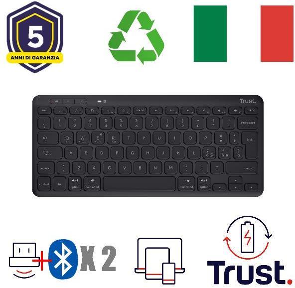 Actual product image Trust Lyra Multi-Device Bluetooth Keyboard, Italian QWERTY Layout, 85% Recycled Plastic, Compact Rec (IT, Wireless)