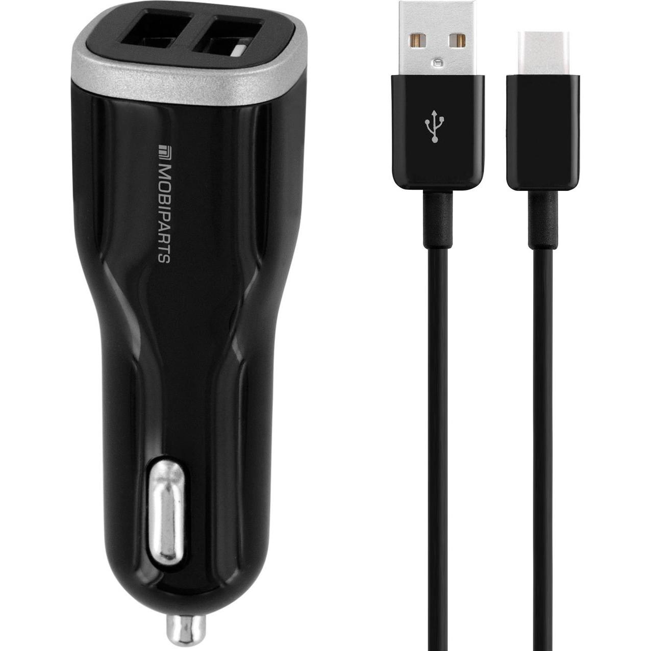 Mobiparts Car Charger Dual USB 24W/4.8A + USB-C Cable Black, Adattatore per auto, Nero