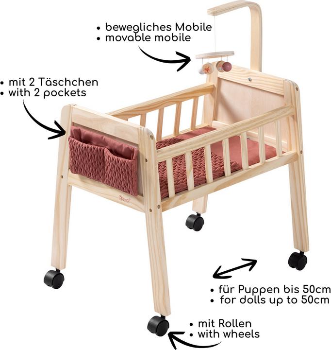 Howa Puppenbett Holz "grace" mit Rollen, Mobile, Matratze, Decke & Stofftasche 2170