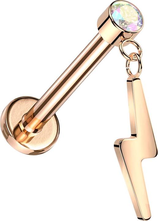 Image du produit Star Piercing Micro Threadless Labret or rose Cylindre or rose Cristal multicolore Pendentif Eclair or rose (sans laiton, Titane)