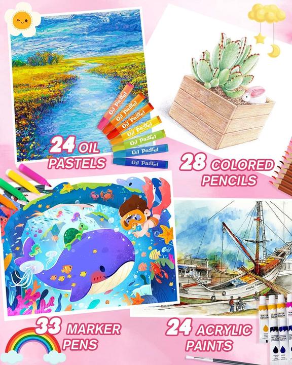 Produktbild Weeksun 145-teiliges Malset im Koffer mit Buntstiften, Marker, Ölpastelle, Acrylfarben & Aquarellfarben (Rosa|Silber, 133 x)