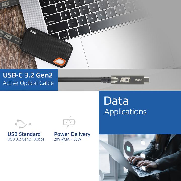 Actual product image USB-C 3.2 Gen2 Active Optical Cable (AOC), for touch panels, video, data, power, 7.5m (7.50 m, USB 3.2 Gen 2)