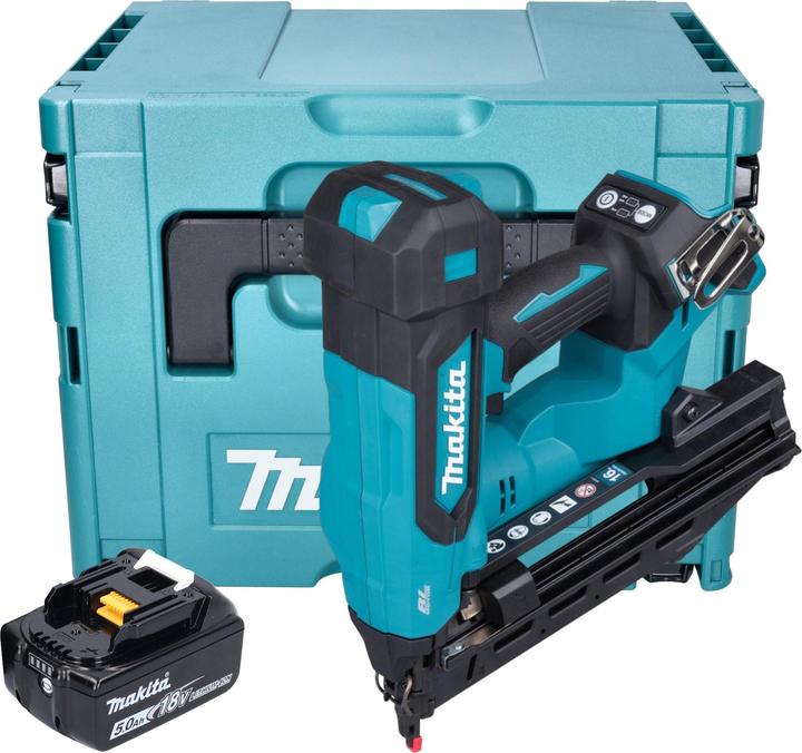 1x Makita DBN 610 cordless upright nailer, 1x Makita BL 1850 B 18 V 5.0 Ah battery, 1x Makita Makpac case, without charger