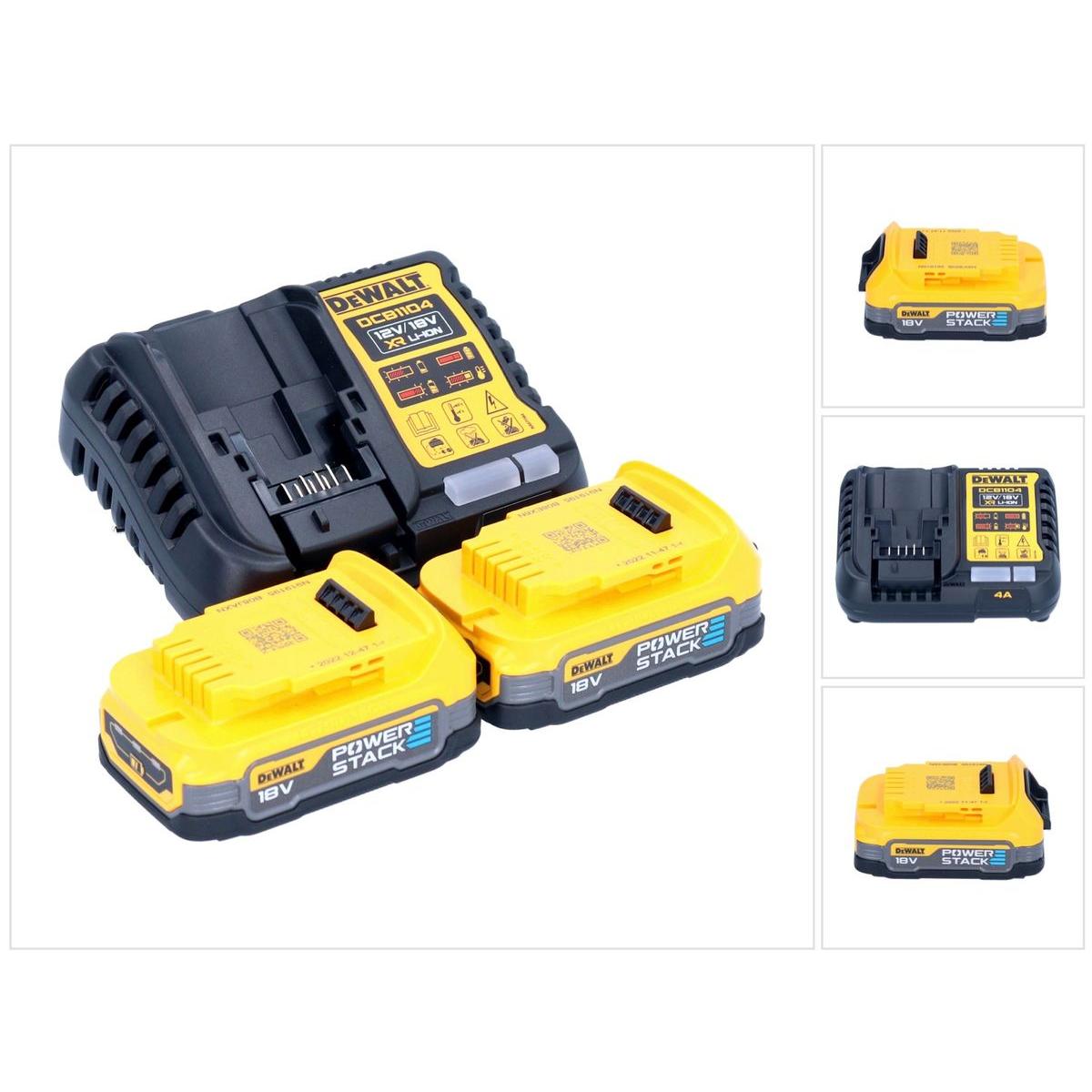 DeWalt, Werkzeugakku + Ladegerät, DCB 1104 E2 Akku Starter Set 12 V / 18 V 2x Powerstack Akku 1,7 Ah + DCB 1104 Ladegerä...