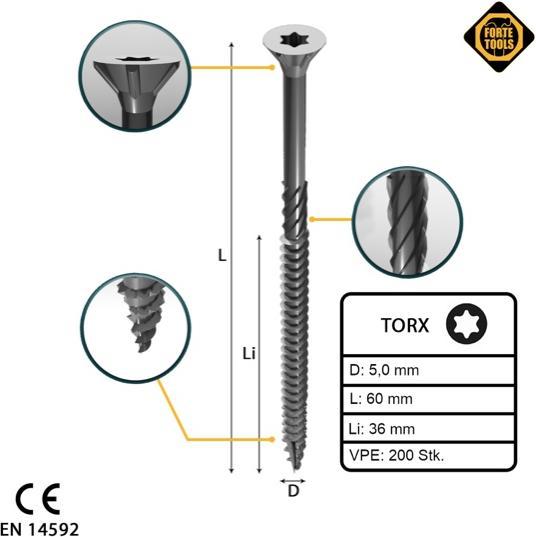 Actual product image Forte tools CHIPBOARD SCR T25 5.0X60/36 WHITE ZN(200 (200 Screws per piece)