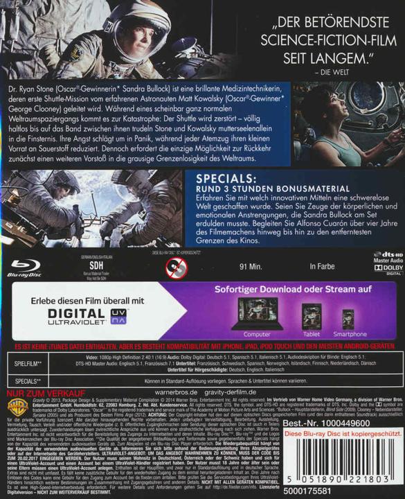 Actual product image gravity (Blu-ray, 2013, German, Spanish, French, Norwegian, Dutch, Finnish, Japanese, Danish, Swedish, Italian)