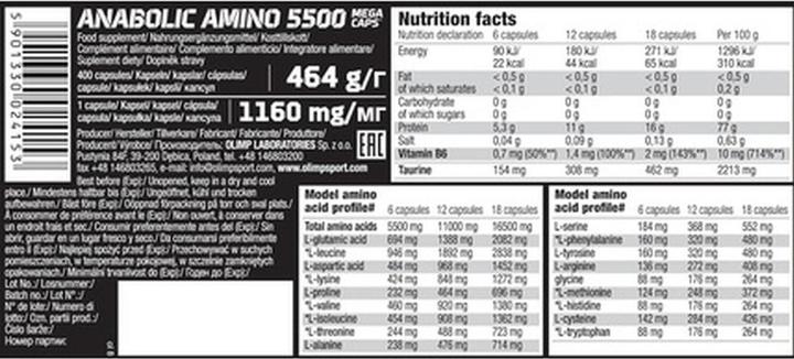 Nährwerte und Zutaten Olimp Sport Nutrition Anabolic Amino (1 Stück, Kapseln, 470 g)